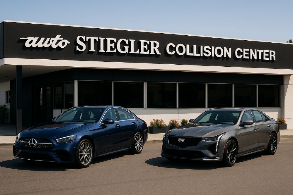 Auto Stiegler Collision Center with a Mercedes and a Cadillac sitting in front Auto-Stiegler-Collision-Center-with-a-Mercedes-and-a-Cadillac-sitting-in-front